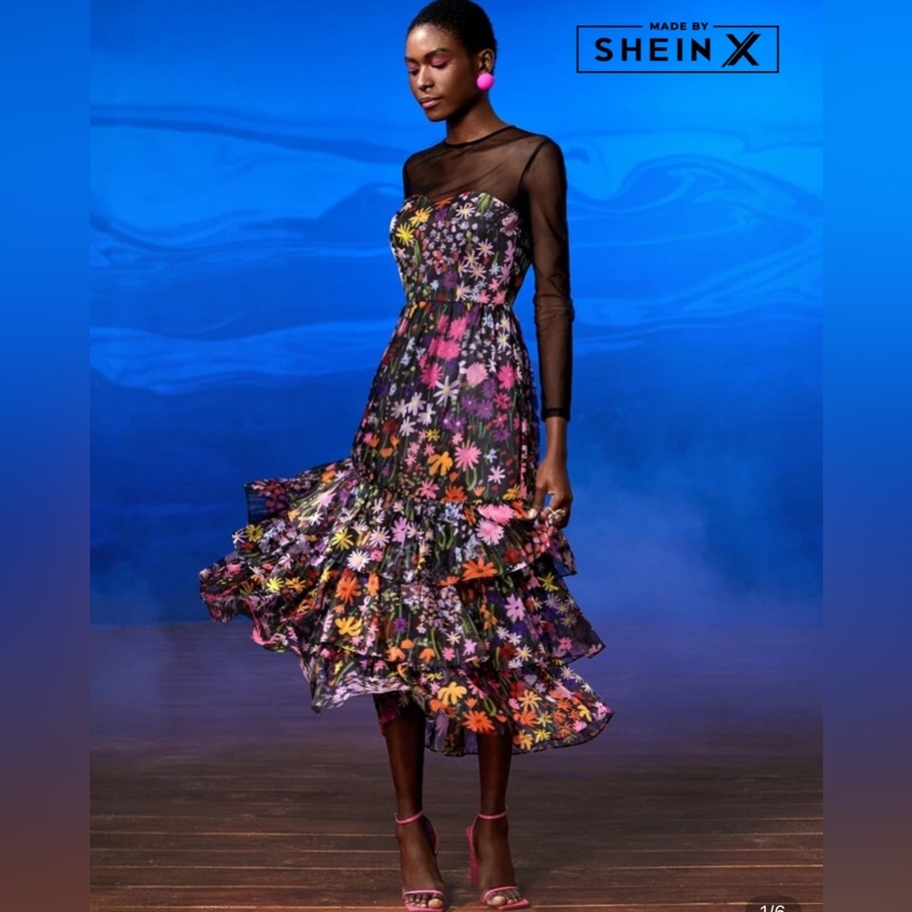 Long black Floral Mesh Ruffle Dress
